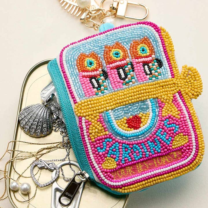 Fishbone Pearl Charm Keychain Sardine Can Seed Beaded Mini Pouch Bag for wholesale by Sensibling Corp.