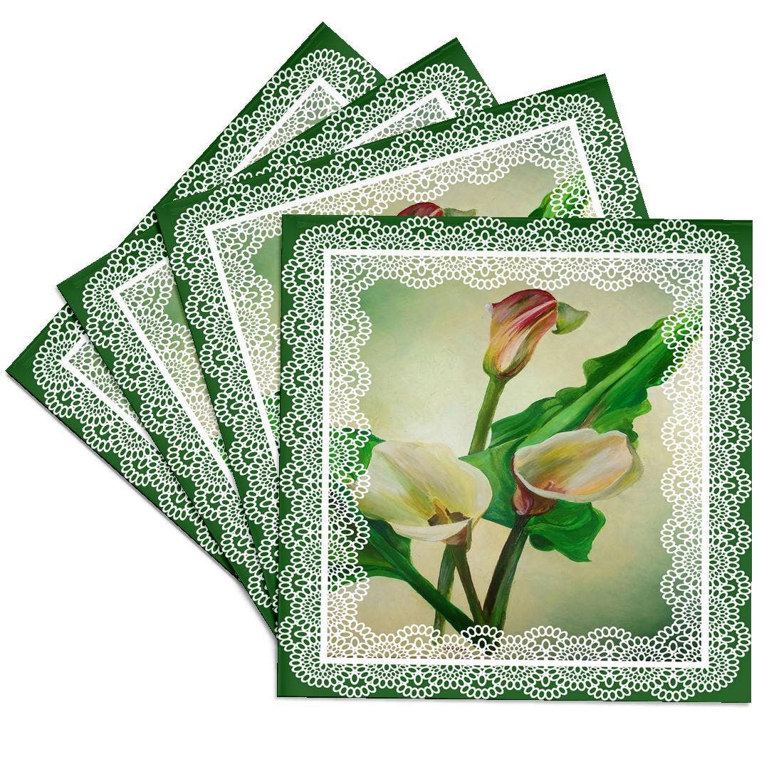 3dRose - Wholesale Coasters - 3dRose, Three calla lilies painted against green background bordered in lace, Coaster0
