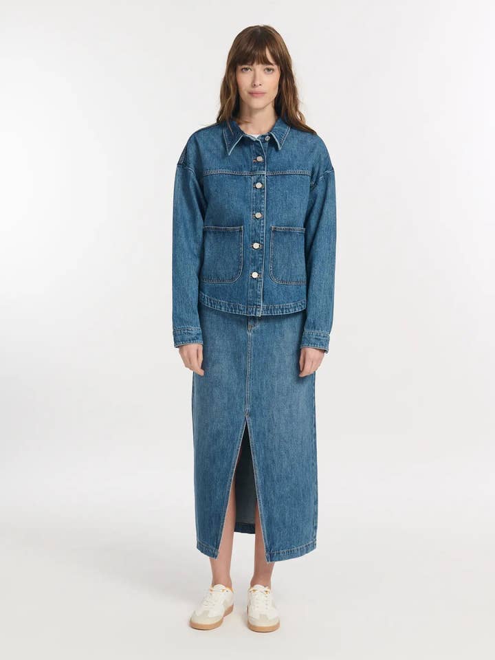 Jaqueta jeans oversized com mangas longas BETTY Blue por atacado de LABDIP