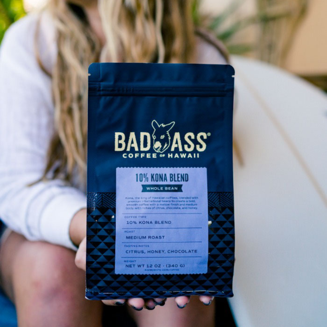 Bad Ass Coffee of Hawaii - Wholesale Coffee Beans - 10% Kona Blend | 12oz Bag1