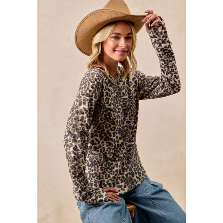 Leopard Print Washed Waffle Thermal Top for wholesale on Faire2