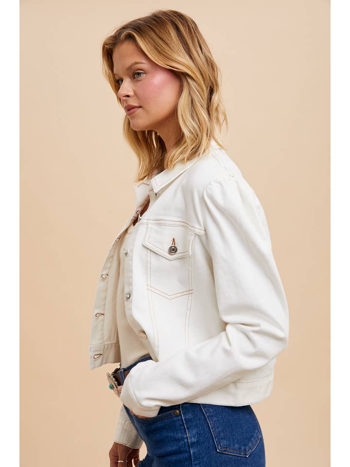 In Loom - Wholesale Denim Jacket - Women's - SHIRRED SLEEVE CROPPED DENIM JACKET