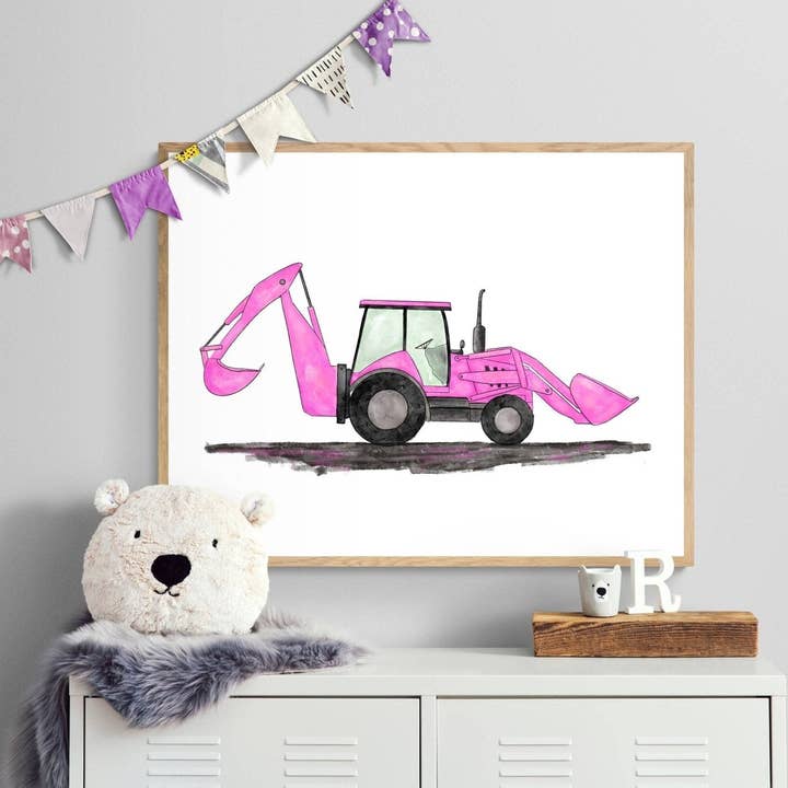 Art mural de pelleteuse rose, peinture de chargeuse-pelleteuse, impression de construction pour chambre de fille, affiche de véhicules de construction, cadeau de naissance, chargeuse excavatrice pour la vente par MerikaArt