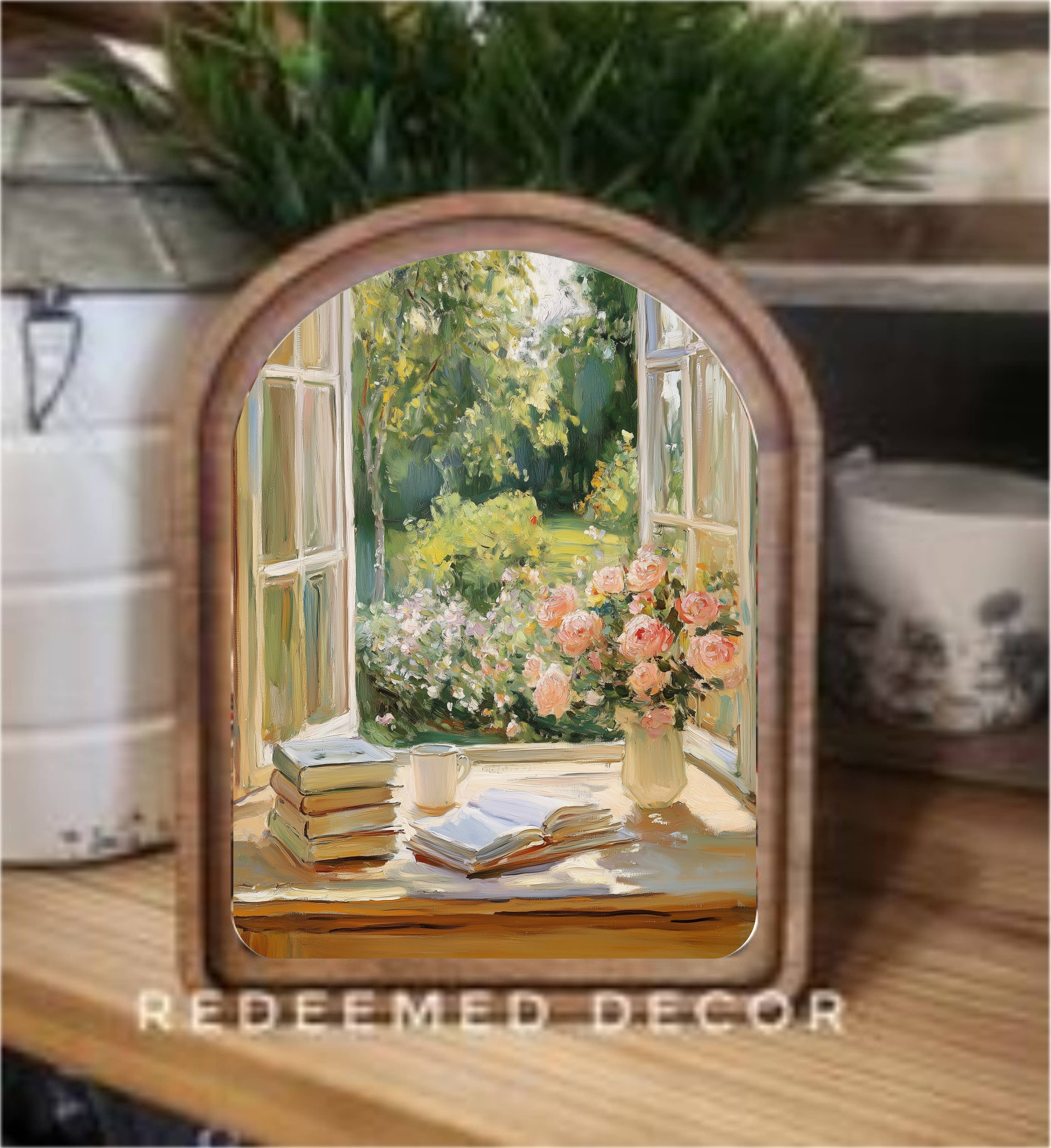 Redeemed Decor - Wholesale Wood Wall Art - Arch Top Spring Window Framed Art