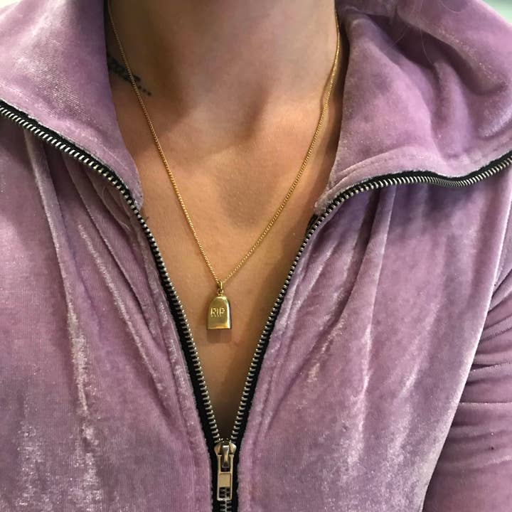 Butter Brass by Vittrock - Wholesale Pendant/Charm Necklace - RIP Headstone Necklace on 18" or 24" Gold Plated Chain