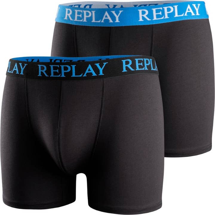 2-pak sorte/kongelige blå Replay herreboxershorts for engroshandel hos NHP International