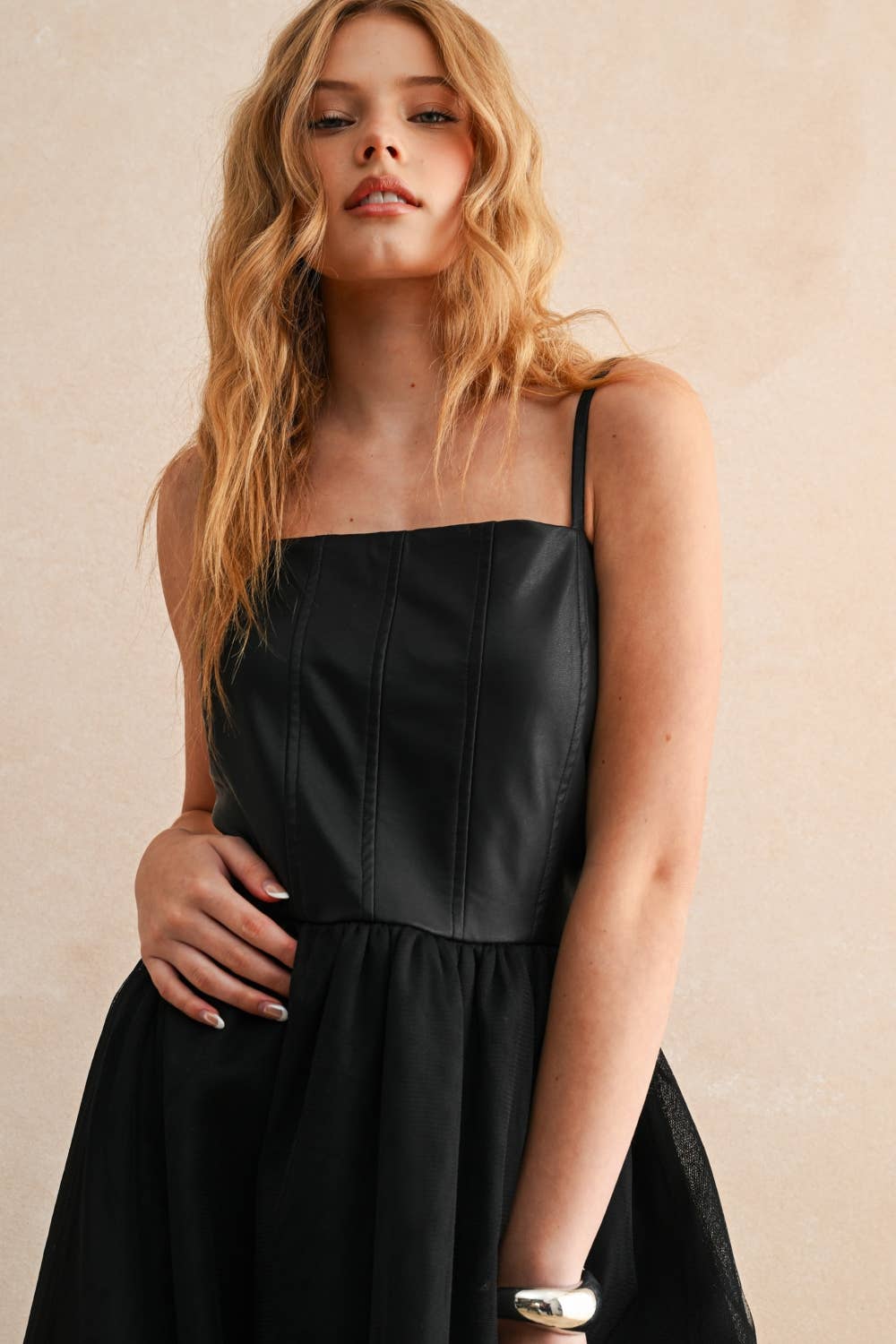 MIOU MUSE - Wholesale Dress - Women's - D5110   MESHED SKIRT WITH PU LONG DRESS3