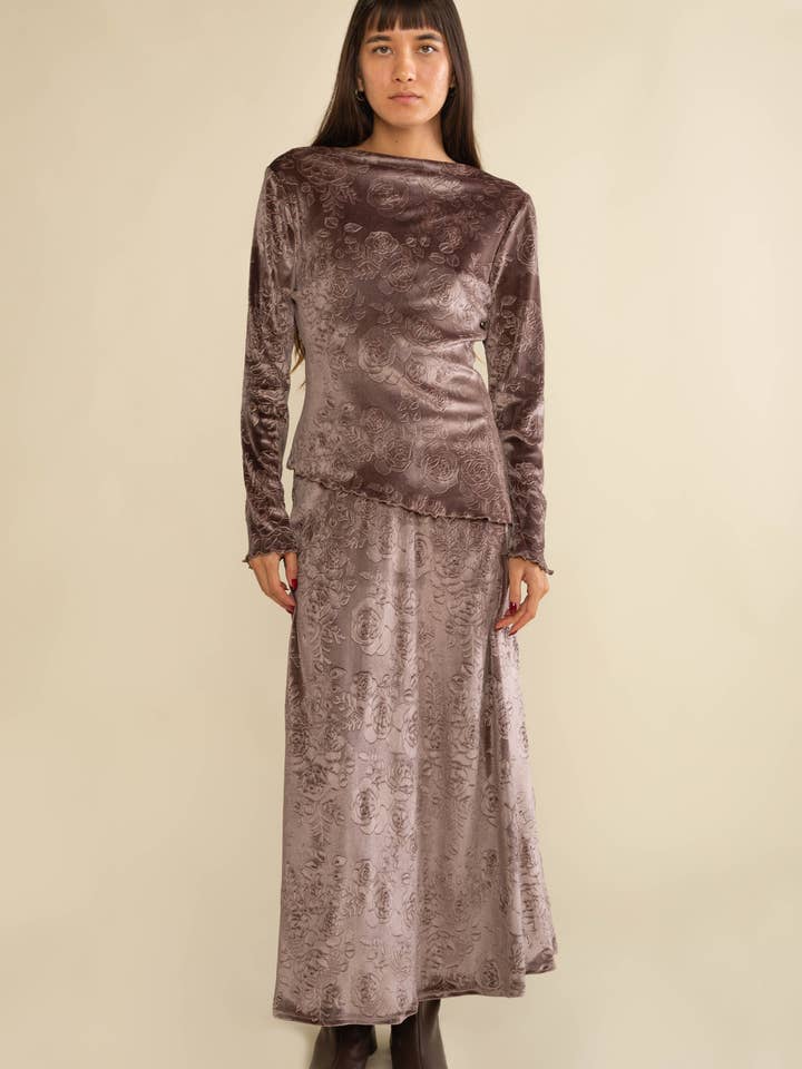 Taupe Jemma Velvet Floral Hem Boat Neck Top - Plus Size for wholesale on Faire