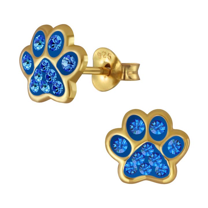 Orecchini per bambini, a forma di zampa di cane, con glitter, 7 mm, in argento Sterling placcato in oro per la vendita all'ingrosso da parte di LIV & LENN