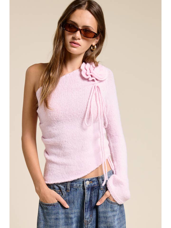 Mimosa - Wholesale Knit Top - Women's - One Shoulder Floral Embellishment Knit Top4