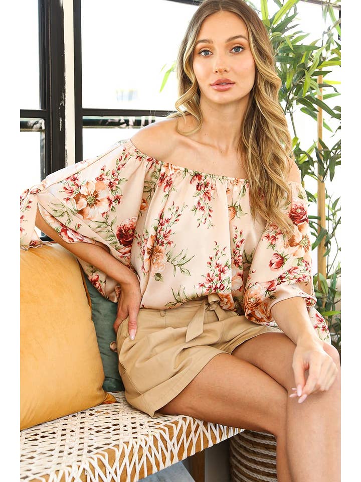 Vine & Love - Wholesale Blouse - Women's - Floral Off The Shoulder Satin Blouse Top VT81308