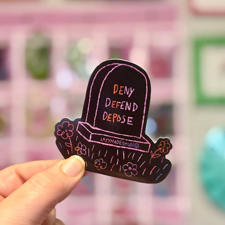 Deny Defend Depose Waterproof Sticker for wholesale by Lazy Made Studio