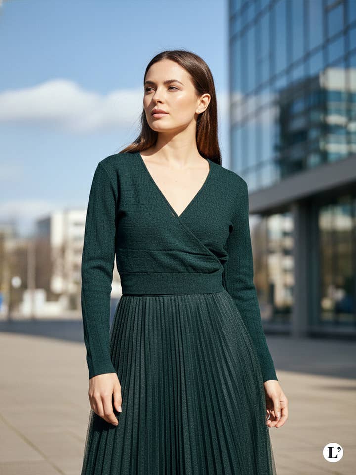 Conjunto de Vestido e Suéter Cropped Matelassê com Listras em Tamanhos 36 a 44 por atacado de L'Emotion