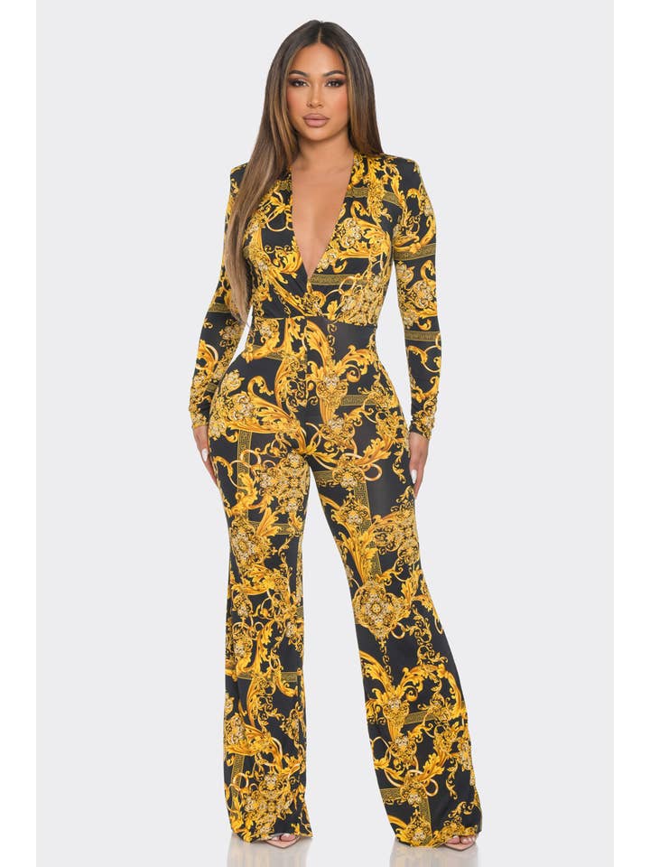 BLACK GOLD J7476 Shoulder Pad Wrap Print Jumpsuit for wholesale on Faire