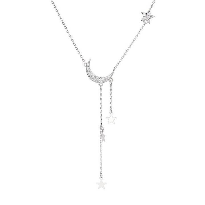 Perimade & Co. LLC - Wholesale Pendant/Charm Necklace - Moon Star Layered Tassel Necklace in 925 Sterling Silver