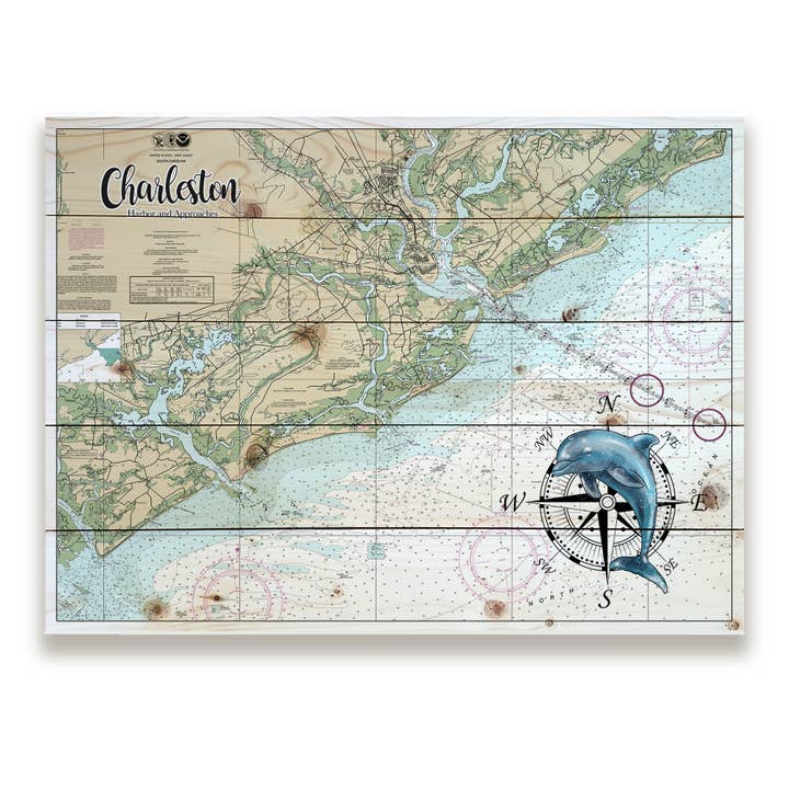 Charleston, SC 18x24 Wood Pallet Map -Dolphin for wholesale by Map Mom