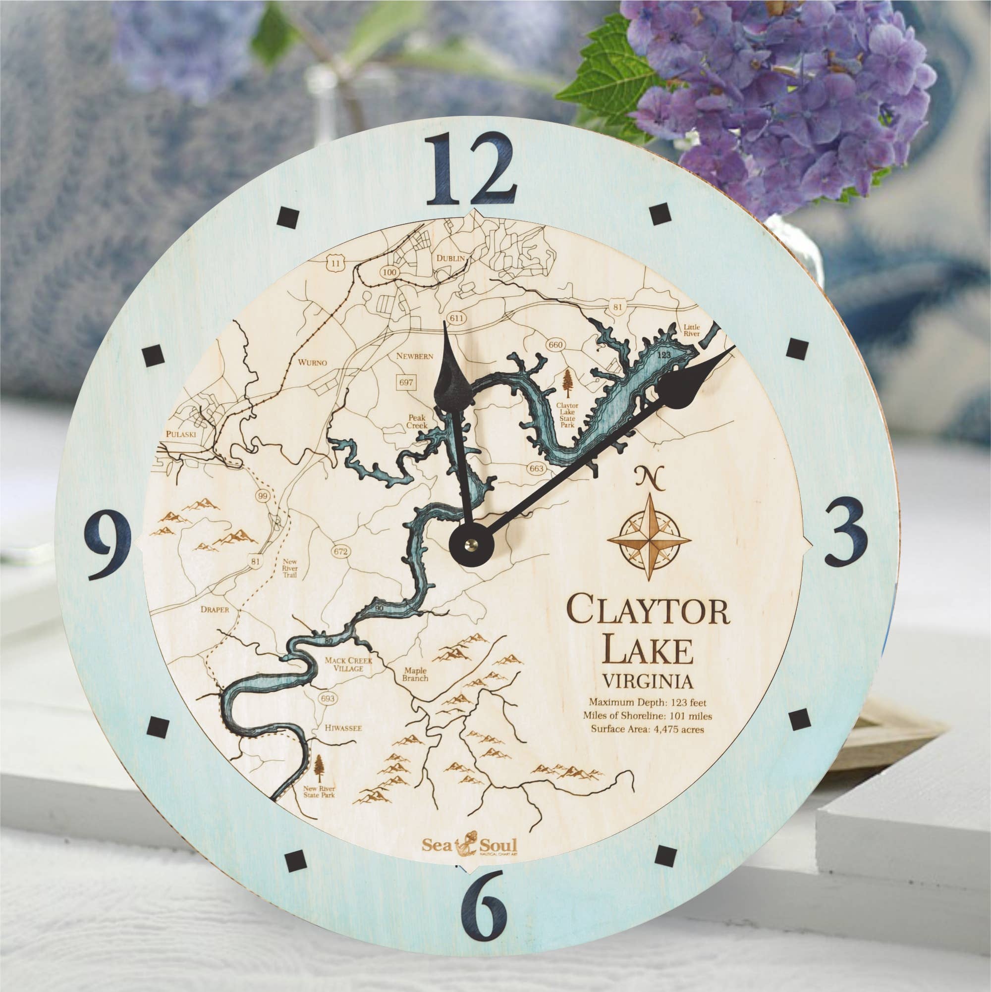 Sea & Soul Nautical Chart Art - Wholesale Wall Clock - Claytor Lake Virginia Nautical Map Wood Wall Clock - 2 Level2