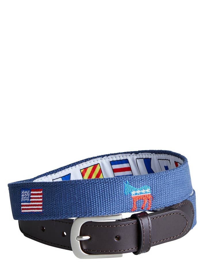 Bowsprit Belt Nantucket Navy with Democratic Donkey and American Flag for wholesale by Castaway Clothing Nantucket Island