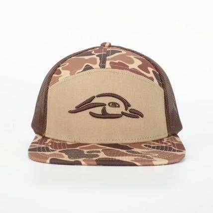 American Flyway Waterfowl - Wholesale Flat Brim Cap - Unisex - 7 Panel Brown Old School AFW Style w- 3 D Puff and Brown Mesh1