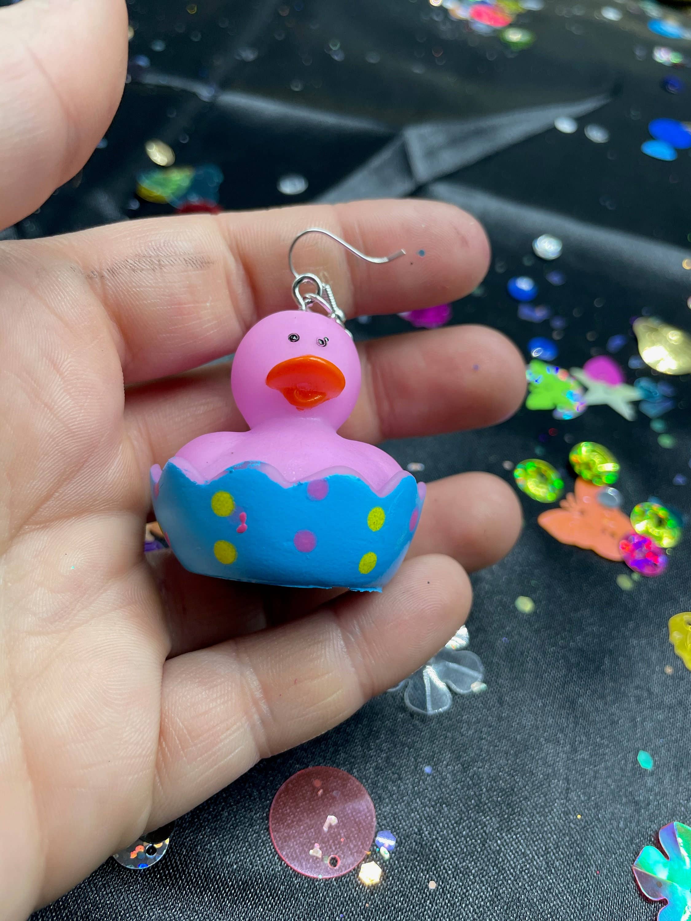 R59Creates – wholesale Dangle earrings – Easter Themed Lil Rubber Ducky Earrings! In Yellow Bunny, Blue Bunny, Pink Bonnet, And Purple Egg W/ Gold, Silver Or Silver Drop Chain!8