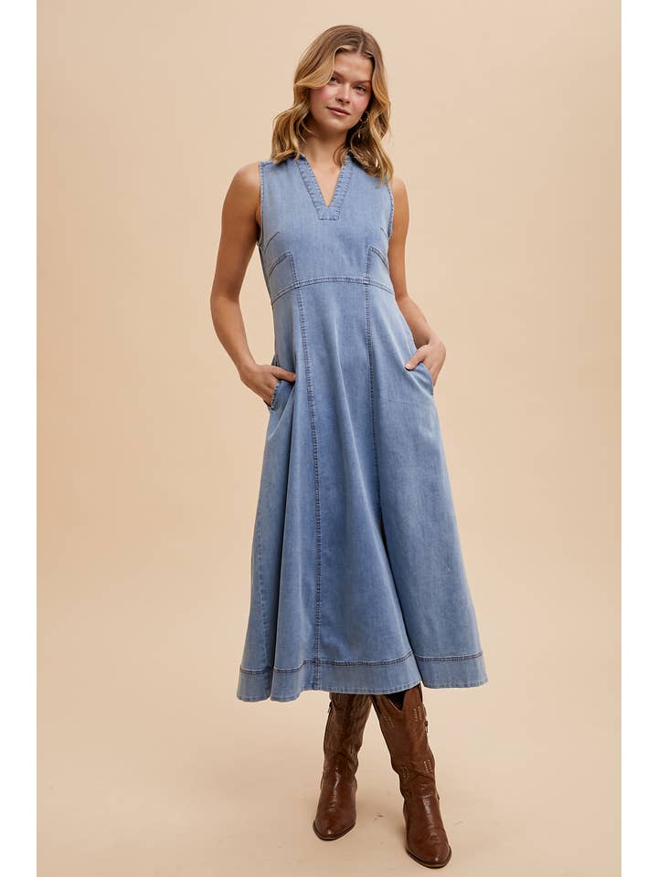 In Loom - Wholesale Dress - Women's - COLLARED DENIM FLARE MIDI