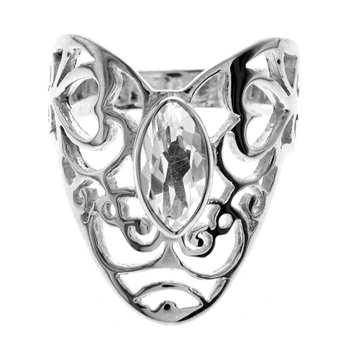 V-formad utsmyckad filigranring med marquis kvarts för wholesale av Kali Ma Designs - Sterling Silver Jewellery