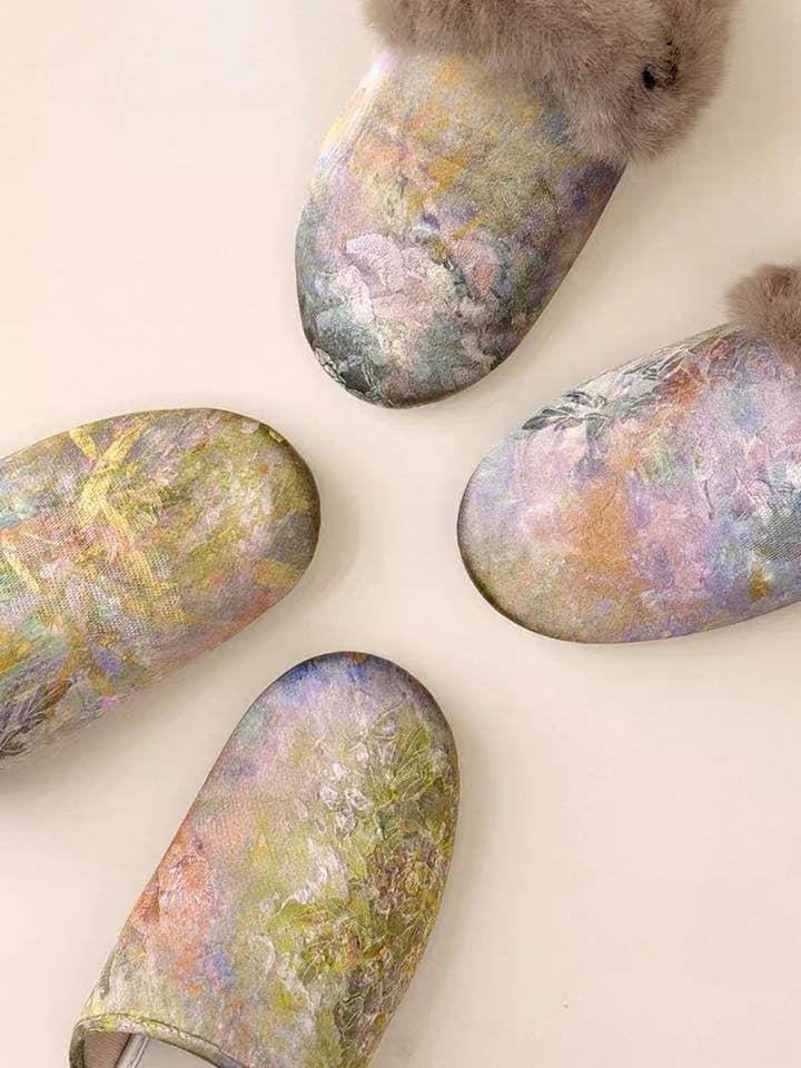 Lian Collection – wholesale Slippers – Women's – Silk Winter Slippers – Faux Fur‑Lined Silk Mules, Impressionist Art Print, Indoor Gift Slippers1