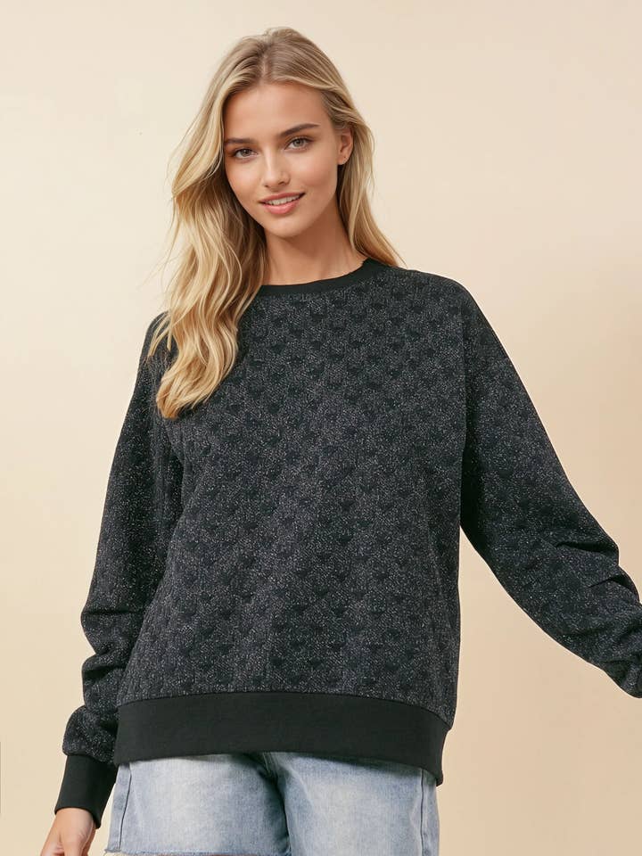 Black Texture Shimmer Pleated Long Sleeve Sweatshirt - 44789T for wholesale on Faire0