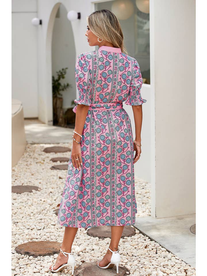 Pink LDC Floral Shirred Puff Sleeve Buttoned Front Midi Dress for wholesale on Faire