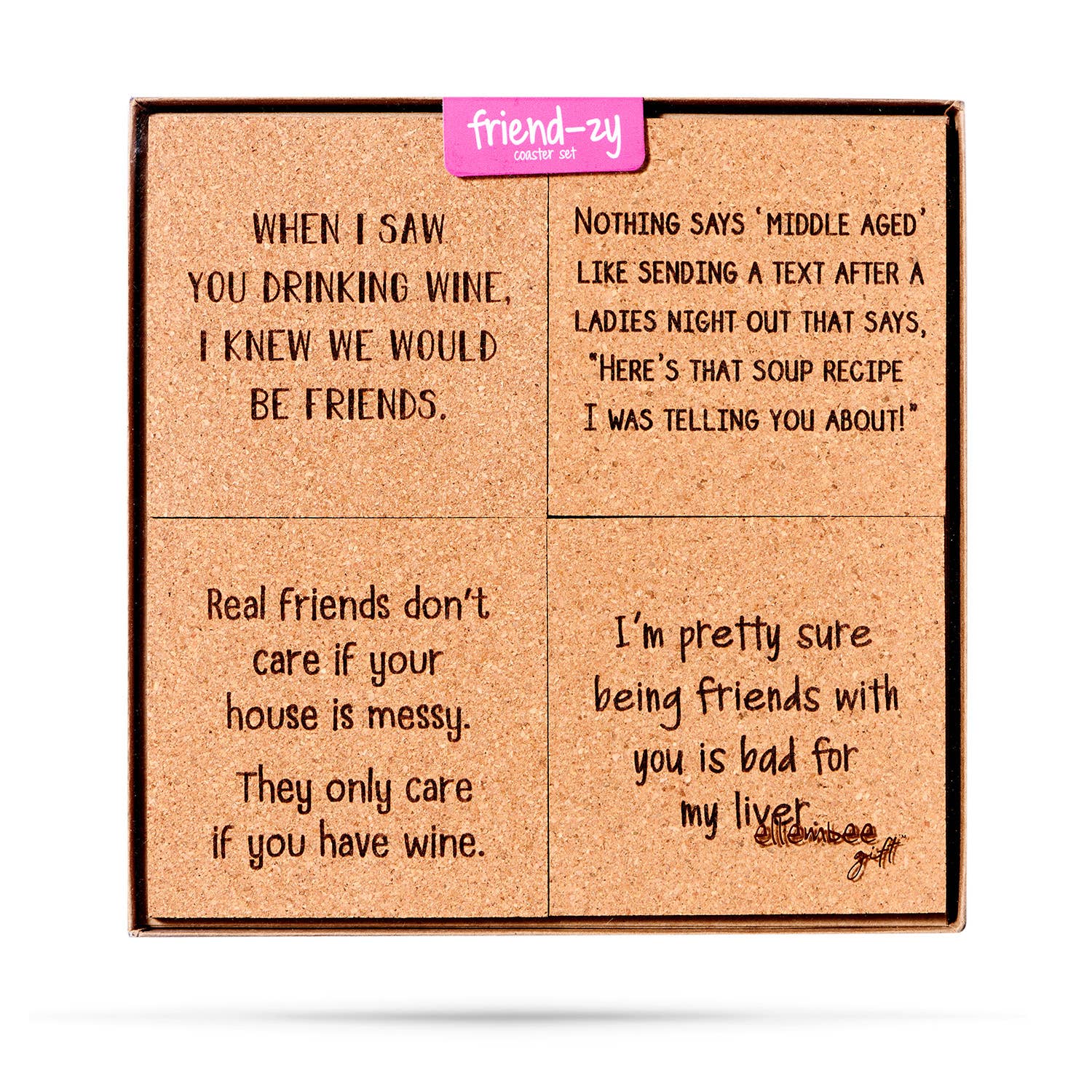 ellembee gift - Wholesale Coasters - Friendzy | 4 Piece Cork Laser Etched Coaster Gift Box Set0