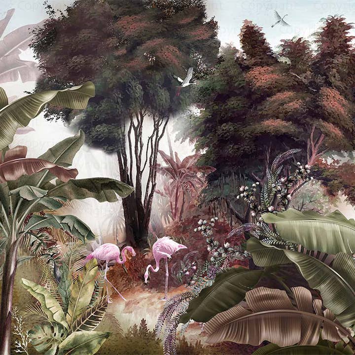 Flamingos Tropical Trees Wallpaper, Brown Nature Wall Mural, Jungle Forest Scene, Non-Woven, Non-Pasted, Removable, Custom Exotic Wall Print Art for wholesale by Walloro Luxury Embossed Wallpaper