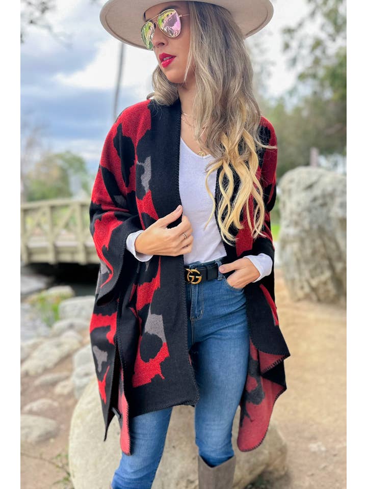 Red Leopard Printed Knitted Cozy Kimono Cardigan for wholesale on Faire