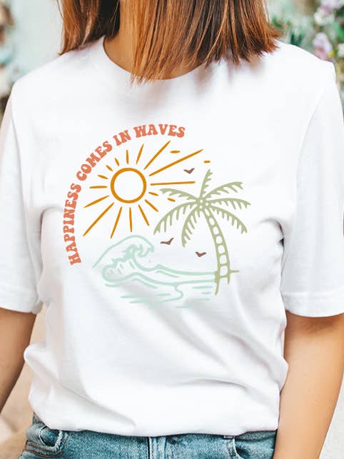 Select Apparel - Vendita all'ingrosso Maglietta serigrafata - Donna - T-shirt grafica Happiness Comes in Waves
