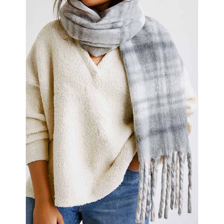 Sweetkama - Wholesale Scarf – Women's - Ladies Winter Bouclé Yarn Checked Fringe Shawl Knit Scarf3