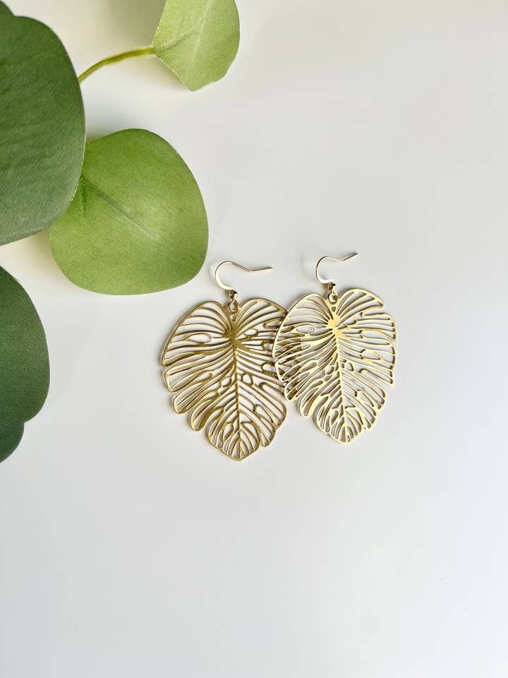 Large Palm Earrings, Ornate Floral Gold Earrings for wholesale by Mountain Marigold Jewelry