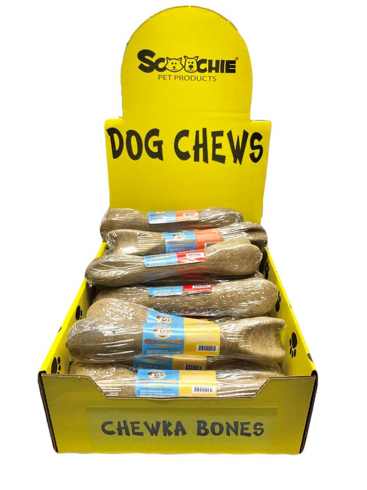 Assorted Large Chewka Bones in Shrink with UPC PDQ of 24 for wholesale by Scoochie Pet Products