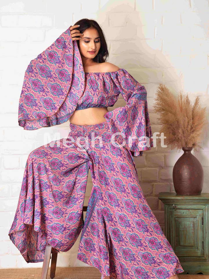 Meghcraft - Wholesale Top & pants set (NOT Loungewear) – Women's - Silk Wide Leg Pant with Bell Sleeve Top Set Women 0