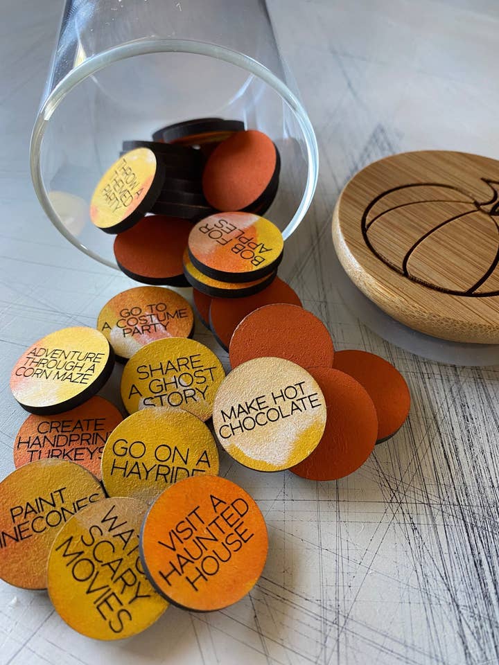 Fall family fun - fall activity token jar with 30 tokens for wholesale by Novotny Designs