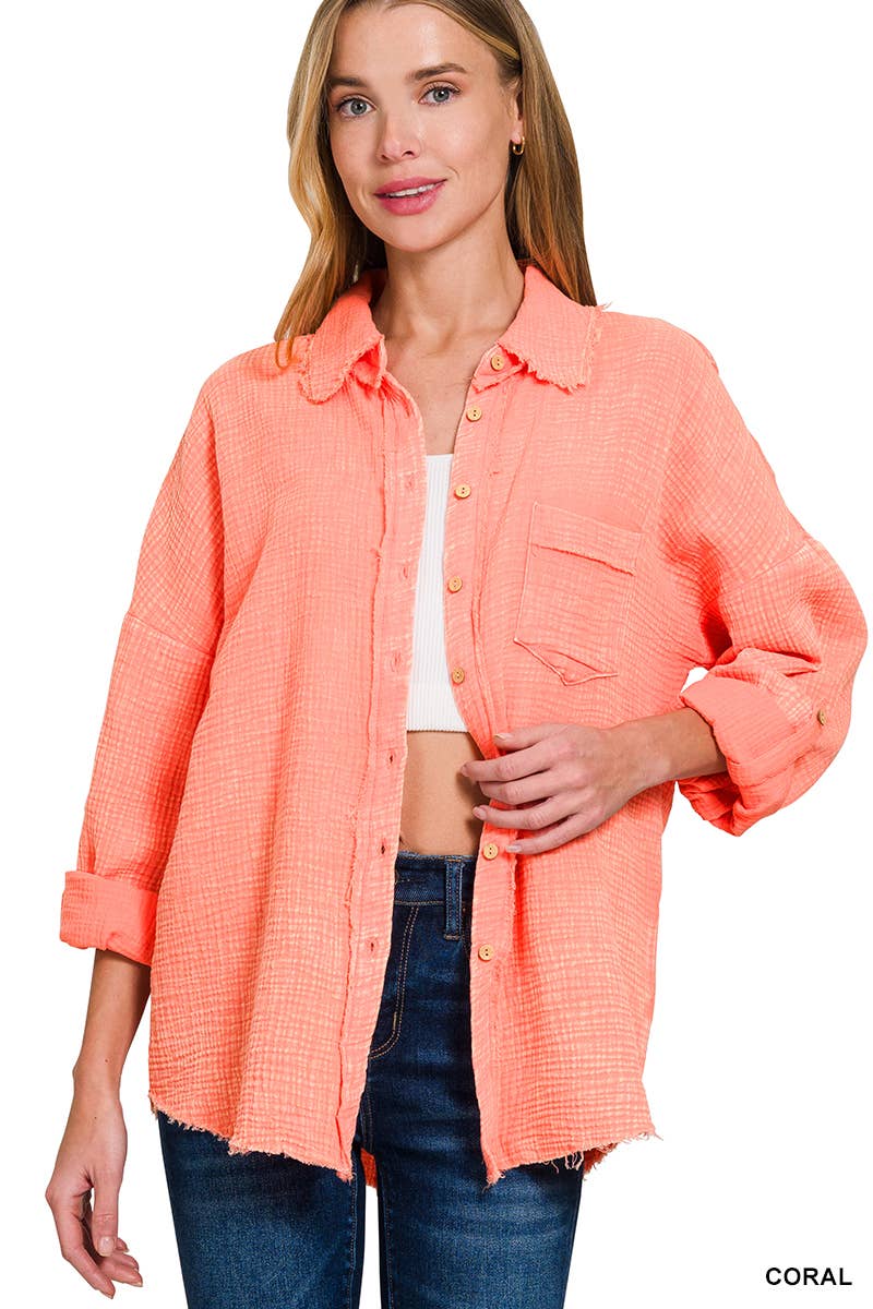 42POPS - Wholesale Button Down Shirt - Women's - `.Washed Double Gauze Button Down Shirt21