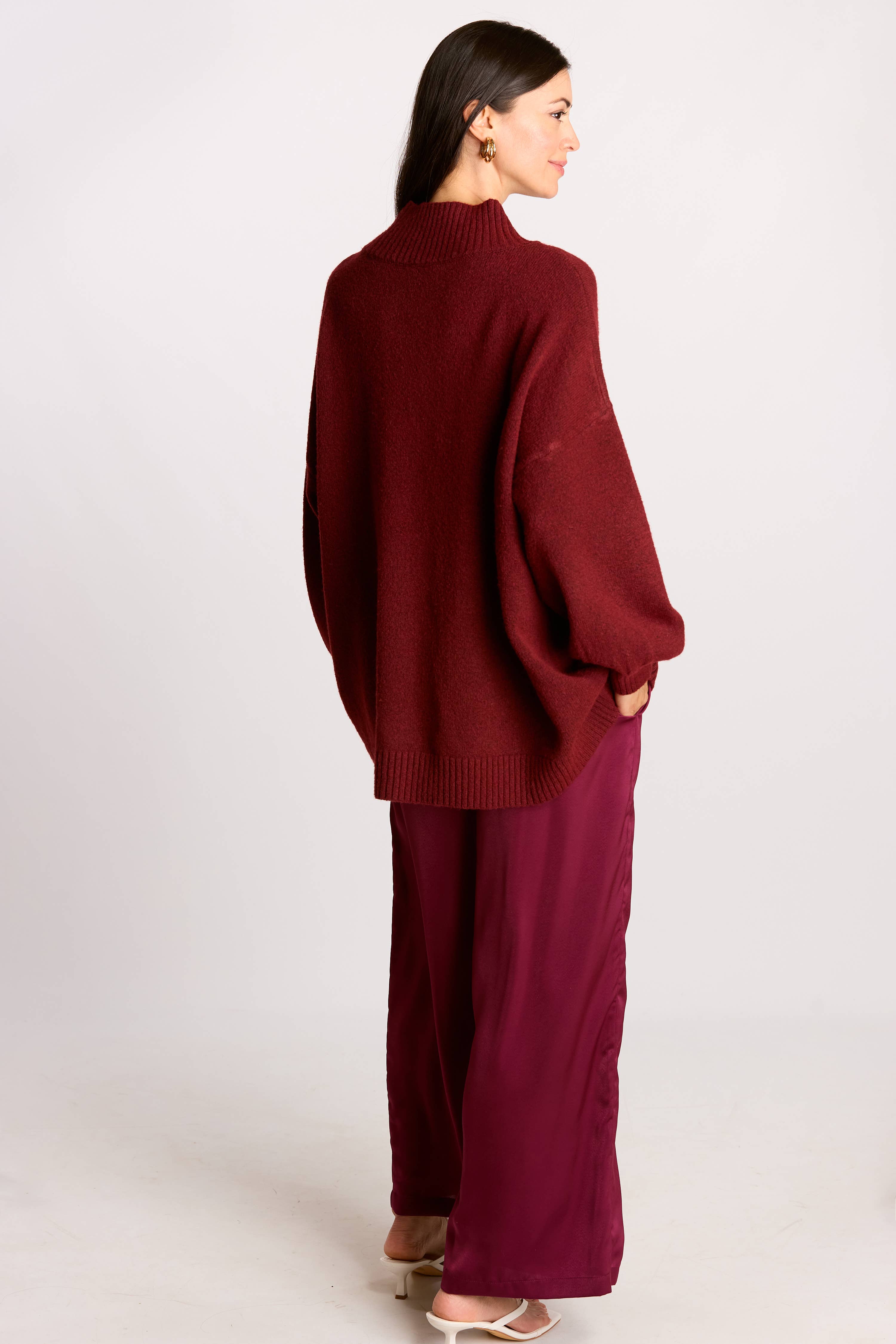 Maroon Knit Ribbed Funnel Neck Oversized Pullover for wholesale on Faire12