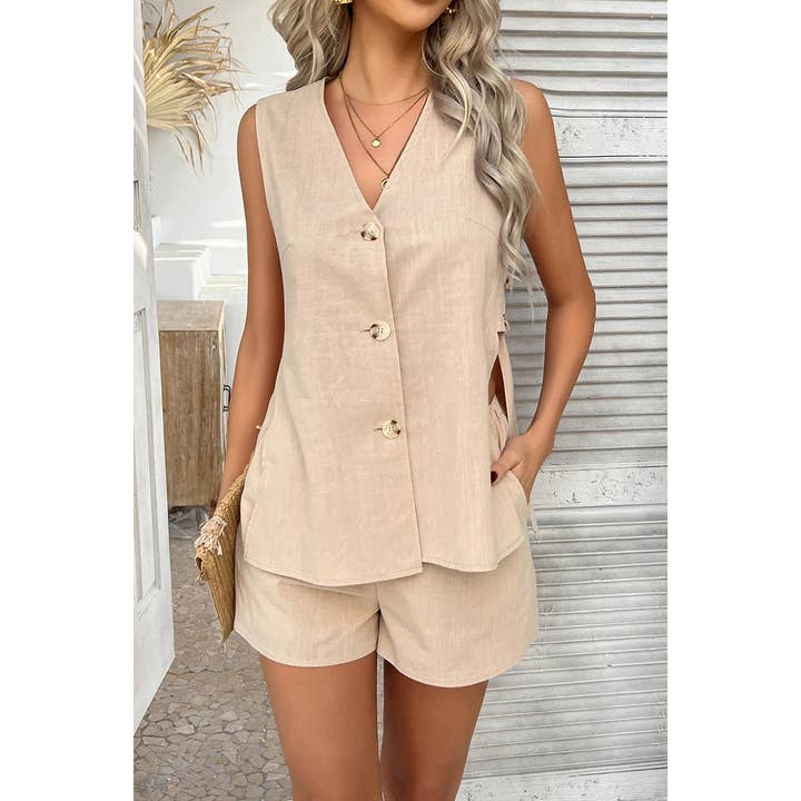 Two Pieces Button Down V Neck Suit Short Sets for wholesale by Supreme Fashion