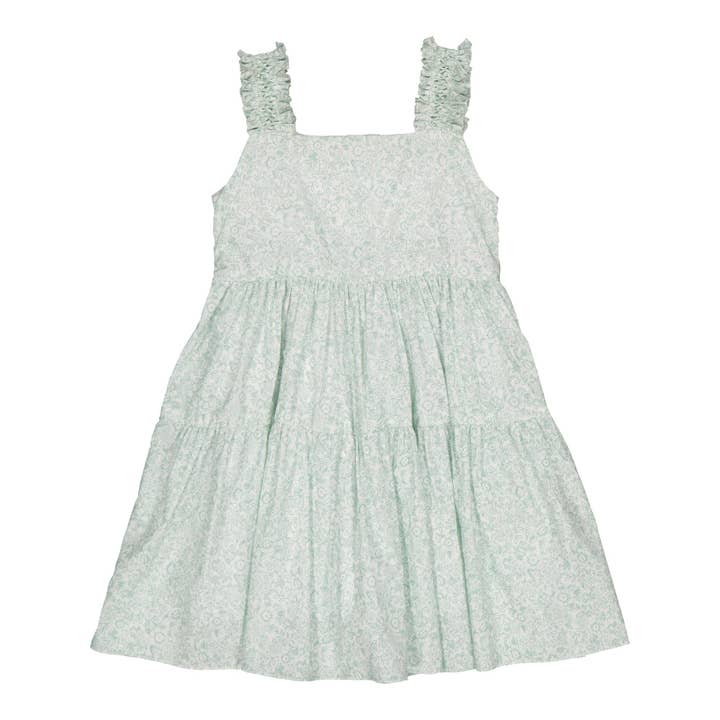 Donatella, vestido con smocks, estampado verde inspirado en toile de jouy para venta al por mayor de Kidiwi handmade