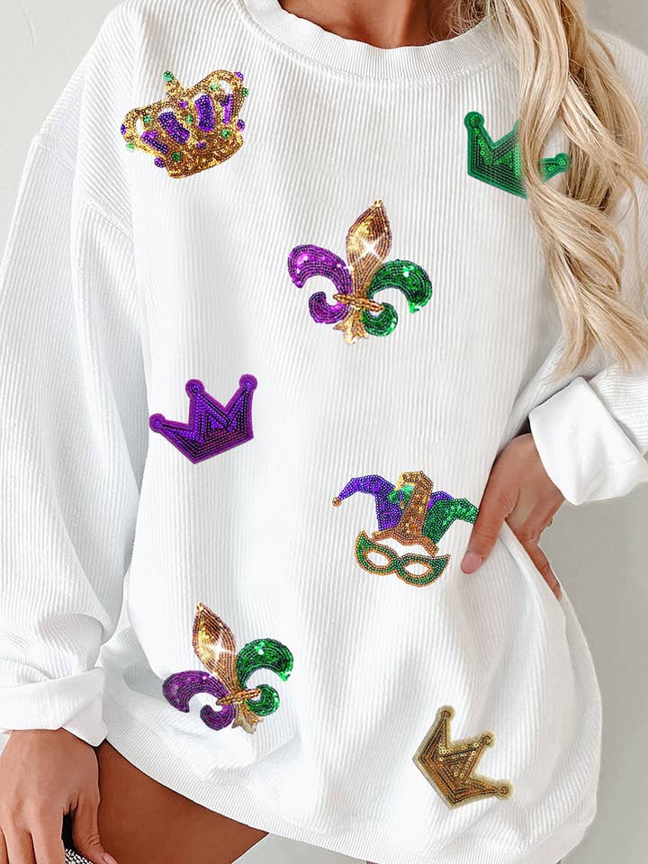 Sweatshirt en velours côtelé graphique Mardi Gras à sequins | S-2XL pour la vente par Aapparella