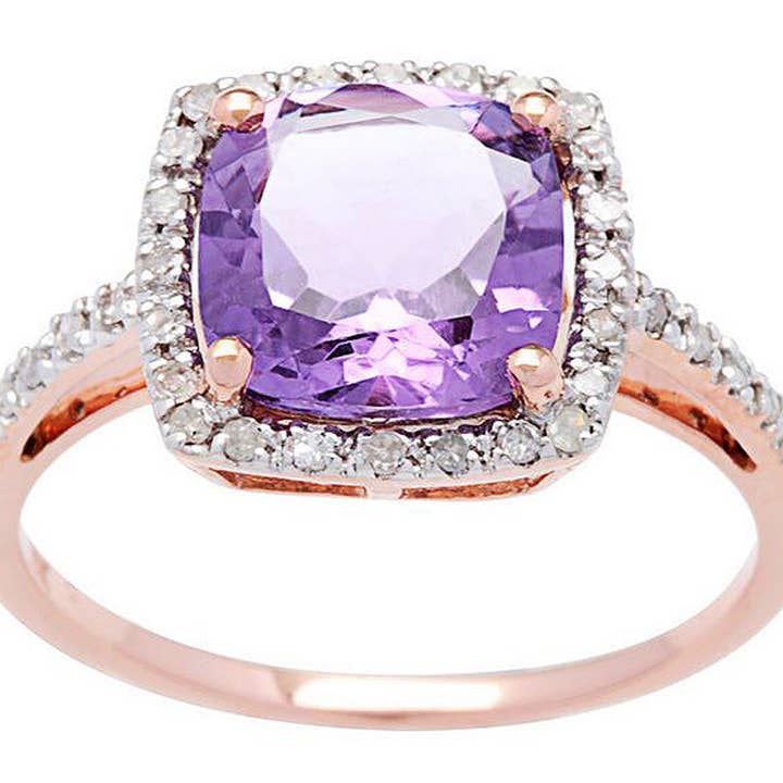 Luxurie Inc – wholesale Förlovningsring – 10 k Rose guld kuddslipad ametist och diamant Halo Ring