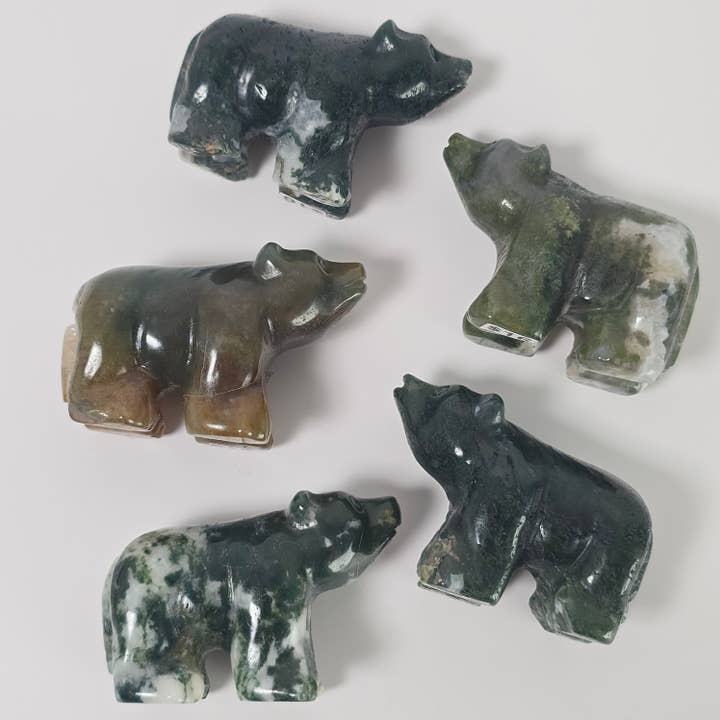 Moss Agate Bears ~ Polished Crystal Carvings ~ Minerals for wholesale by Aquamarine Daydream Wholesale
