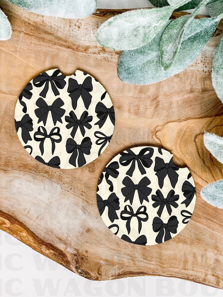 Black & Cream Bows || Car Coasters for wholesale by Rustic Wagon Wholesale
