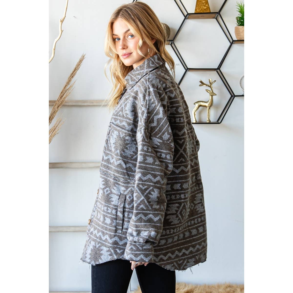 Grey Oilve Oversize Aztec Long Fit Jacket for wholesale on Faire7
