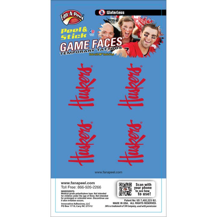 Nebraska Game Faces® Temporary Tattoos for wholesale by Fanapeel / Gamefaces