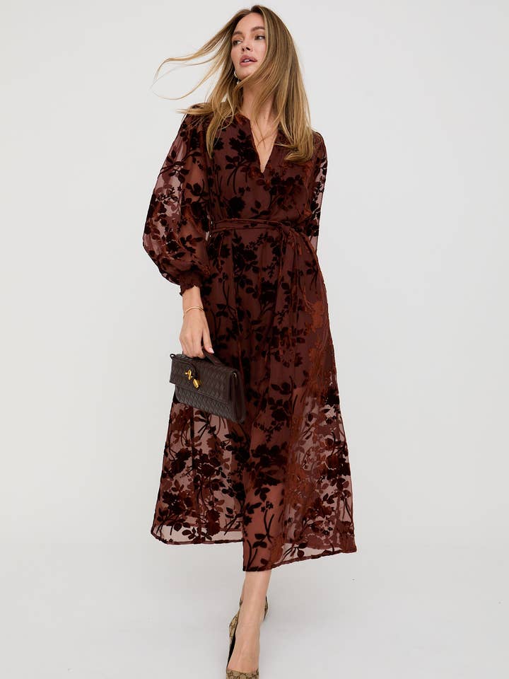 Brezze High Neck Velvet Burnout Maxi Dress In Brown for wholesale by Lily and Lionel