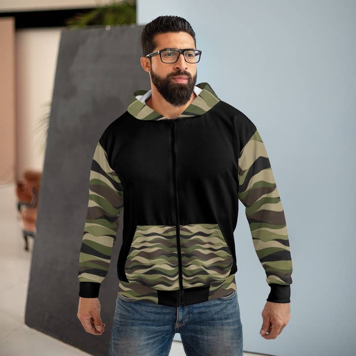 Felpa con cappuccio nera con zip mimetica unisex per la vendita all'ingrosso da parte di E.O.U. Ready Wear